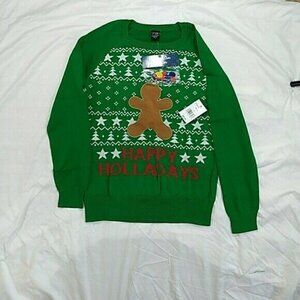 Gold Rush Green Holiday Sweater with Gingerbread Design And Felt Patches